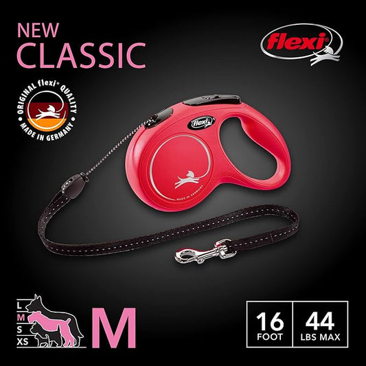 FLEXI® New Classic Retractable Dog Leash (Cord), Ergonomic, Durable and Tangle Free Pet Walking Leash for Dogs, 16 ft, Medium, Red