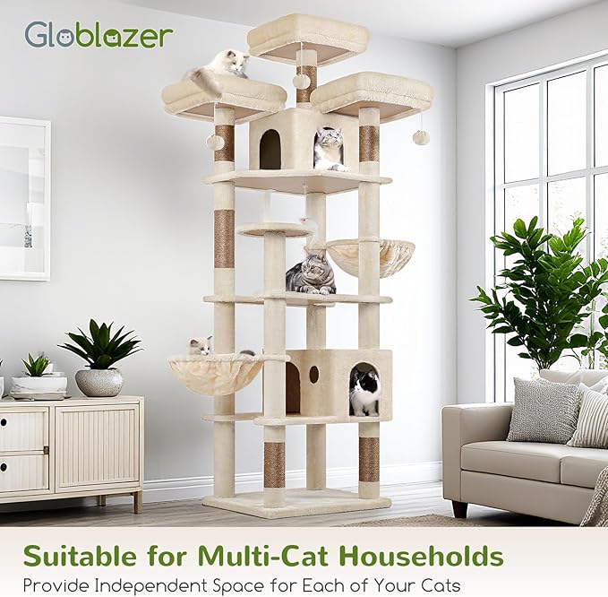 Globlazer Cat Trees and Towers for Multiple Adult Cats, 82-inch XXL Tall Cat Tree Tower for Indoor Cats with Scratching Post, 3 Perches, 2 Condos, 2 Hanging Baskets, F82, Beige