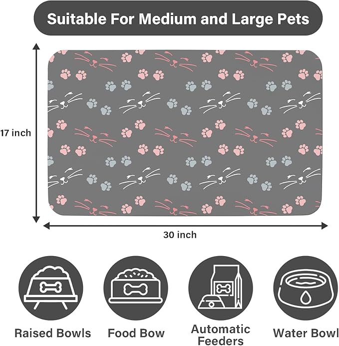 Patterned Cat & Dog Bowl Mat for Food and Water, 17"×30" Quick Dry Absorbent Pet Feeding Mat, Eco-Friendly Dog Placemat