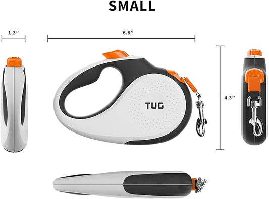 TUG 360° Tangle-Free Retractable Dog Leash with Waste Bag Dispenser (Small, White/Orange)