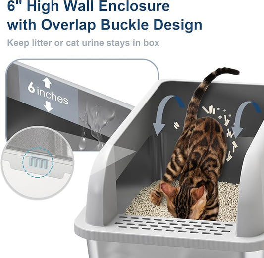 Extra Large Stainless Steel Litter Box with Lid, High Sides Enclosed Cat Litter Box for Big Cats & High Peeing, Anti-Leak & Odor Control Metal Litter Pan, Easy Clean Non-Stick Kitty Litter Box