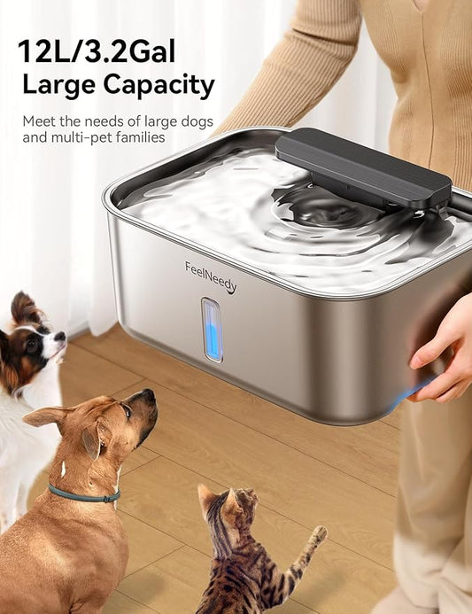 3.2Gal/12L Dog Water Fountain for Large Dogs, Stainless Steel Dog Water Bowl Dispenser with Deeper & Wider Drinking Area, FEELNEEDY Automatic Pet Fountain with Window & LED Light