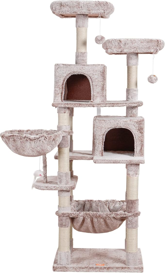 Heybly Cat Tree, 70 inches Tall Cat Tower Condo with Toy for Indoor Large Cats, Cat House Furniture with Padded Plush Perch, Cozy Hammock and Sisal Scratching Posts, Muchroom HCT032MU