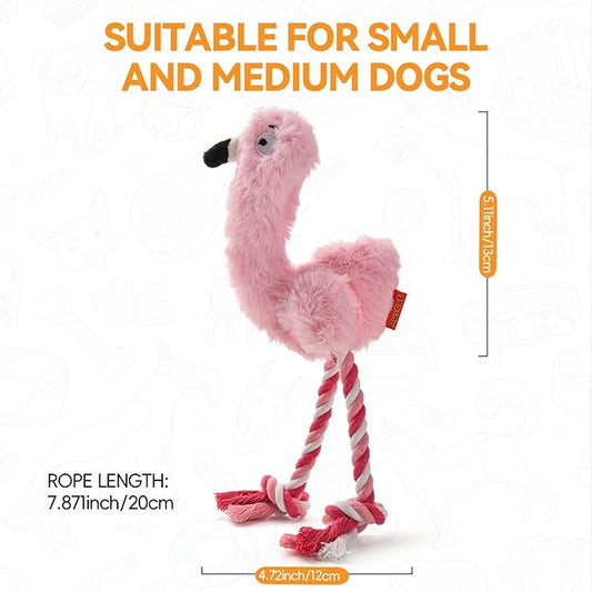 AUSCAT Plush Dog Rope Toy, Durable Squeaky Dog Toys for Puppy Small Medium Dogs, Not for Aggressive Chewers, Flamingo