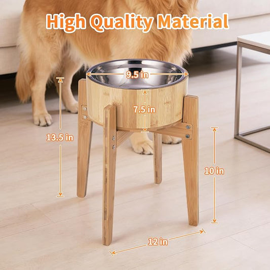 Elevated Dog Bowls for Large Dogs Feeder Two Bowls with a Stainless Steel and Bamboo Dishes,Raised Dog Bowl Stand with Non-Slip Feet,Ideal for Medium and Large Breeds, (13.5-inch High)