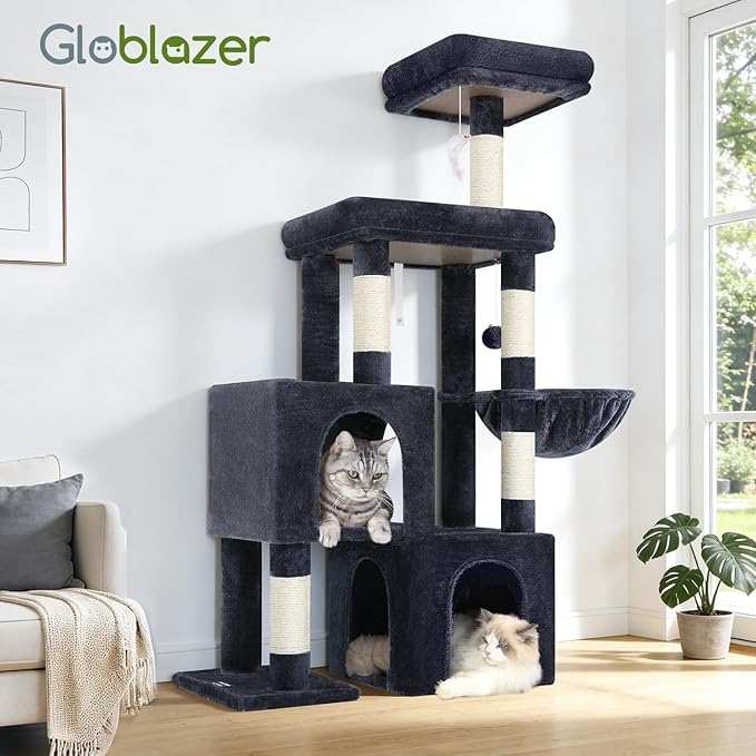 Globlazer Cat Tree Condo Tower for Multiple Indoor Cats, 52in Multi-Level Cat Scratching Tree with 2 Cat Condos, 5 Sisal Scratching Posts, 2 Padded Perches, Big Basket, Widened Base, S52, Dark Grey