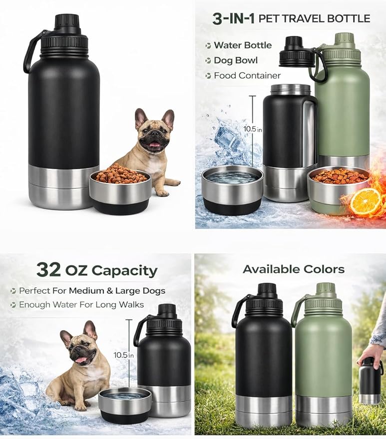 Portable Dog Water Bottle with Built-in Bowl, Leakproof Pet Travel Water Dispenser, 32oz Stainless Steel Dog Water Bottle for Walking, Hiking, Camping & Outdoor Travel