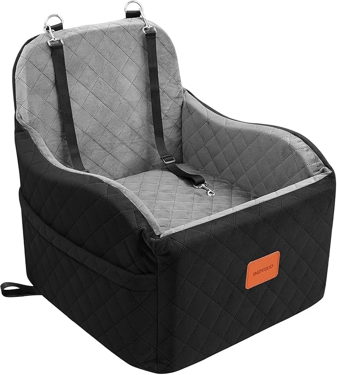 Dog Car Seat for Small & Medium Dogs, Detachable & Washable Booster Seat for Pets Up to 35lbs, Pet Travel Bed with Storage Pockets and Safety Belt (Black/Grey, Medium)