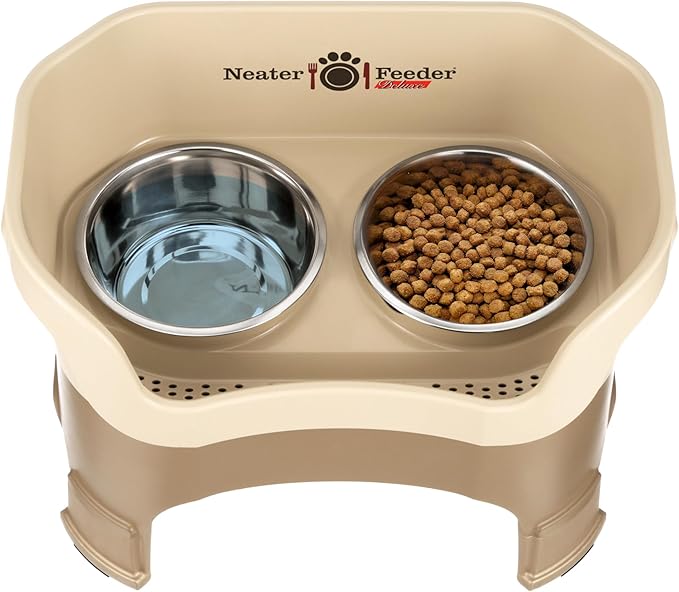 Neater Feeder Deluxe Mess-Proof Elevated Dog Bowls for Large Dogs (40+ lbs), 2 Height Adjustable (14.5” & 17.5”) No-Spill Raised Dog Bowl Stand, Stainless Steel Food Bowl Set, Made in USA, Cappuccino