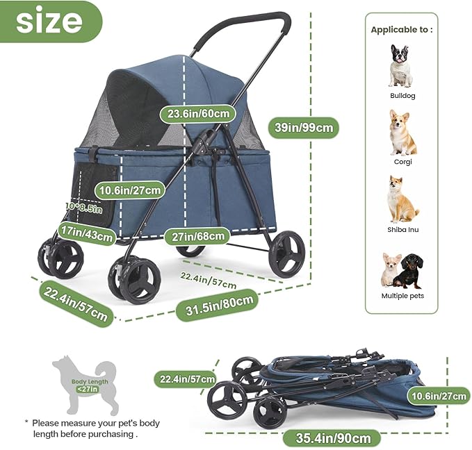20% Larger Capacity Dog Stroller, Wedyvko Pet Strolling for Medium Dogs w/Dog Poop Bags & Dispenser, Storage Pouch, Zipperless, Entry in/Out Easy, Cat Stroller Universal (Navy Bule)