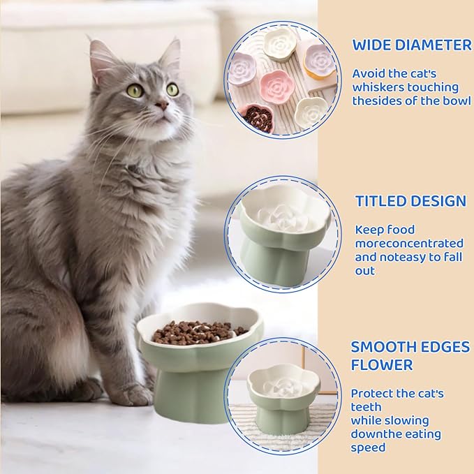 Ceramic Elevated Slow Feeder Cat Bowl,Anti Vomit Design for Whisker Fatigue Relief,Elevated Slow Feeder Bowls for Indoor Cats&Small Breeds,Perfect for Wet Food&Small Dogs (2, White and Purple)