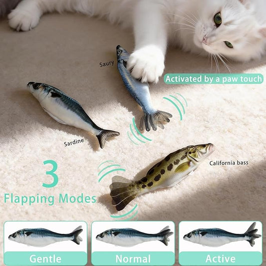 Realistic Floppy Fish Cat Toys, 3 Pack Mini-Sized, Moving Cat Toy Flopping Fish for Indoor Kitten, Sardine/Saury/Bass Interactive Cat Toys, Touch Activated, Rechargeable.