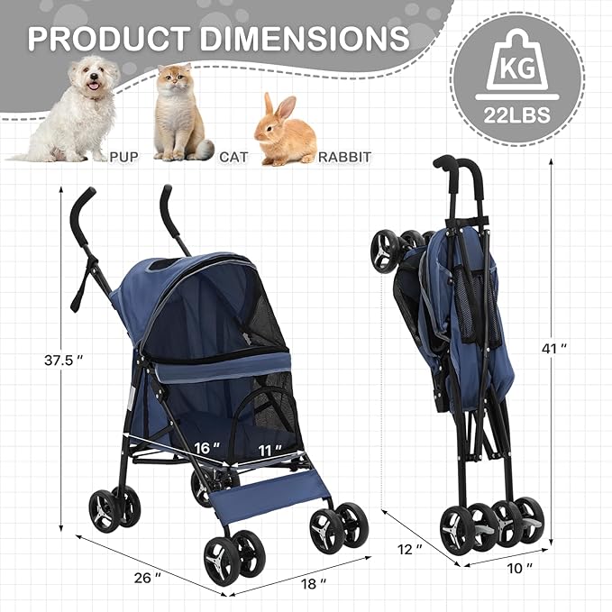 Dog Stroller, 4 Wheels Pet Stroller for Cats and Dogs with Storage Bag & Visible Mesh, Easy-Fold Umbrella Shaped Cat Stroller and Pet Stroller for Medium Dogs & Small Dogs, Navy Blue
