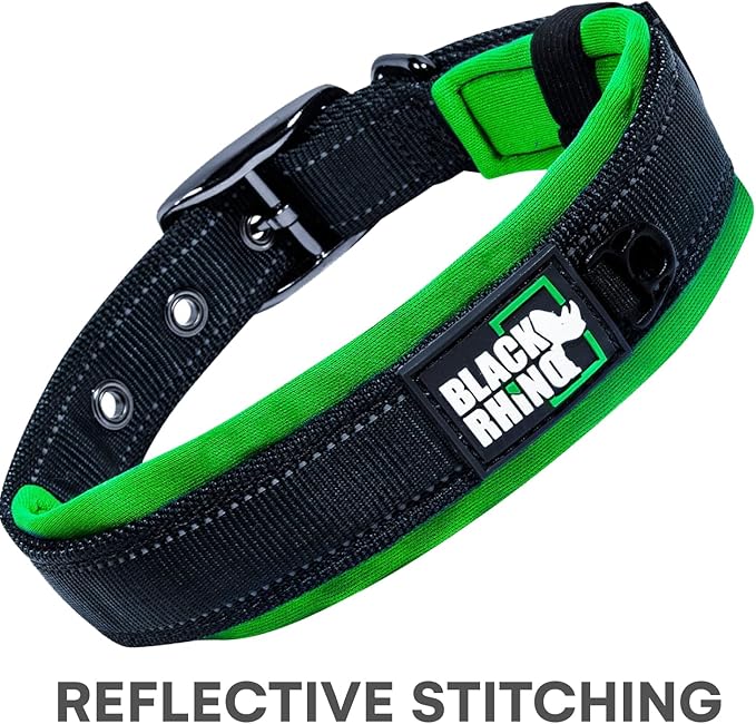 Black Rhino Dog Collar for Medium Dogs - Adjustable Reflective Heavy Duty Dog Collar with Ultra-Soft Neoprene Padding - Weatherproof, Durable, and Comfortable - Ideal for Active Dogs - Green and Black