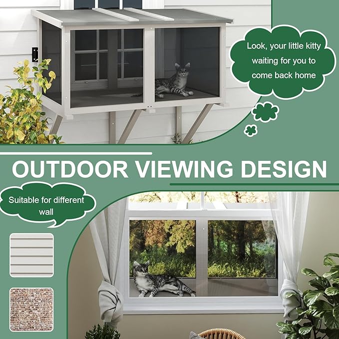 Cat Catio, Expandable Window Box Enclosure for Indoor Cats, Comfortable Wooden Small Pet Perch House Hammock, All-Weather, Keep Bugs Insects Out