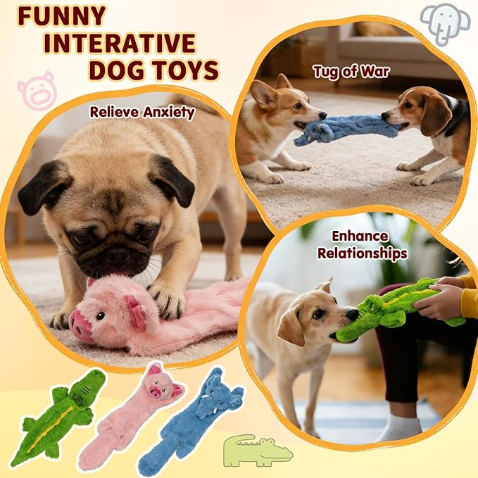 No Stuffing Dog Squeak Toys, 3 Pack Crinkle Dog Toys Plush, Squeaky Puppy Teething Toy for Small Medium Breed & Keep Them Busy