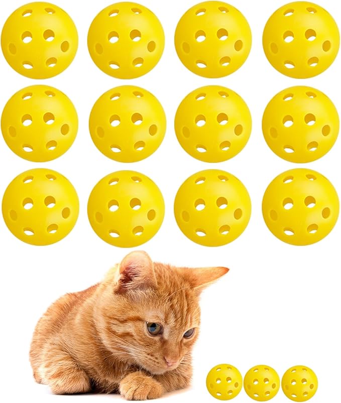 12Pcs Cat Ball Toy, Low Noise No Bells Holey Plastic Cat Balls, Funny Interactive Cats Toys for Indoor Cats, Firm Toy Balls for Kitten Puppy Ferret Bird (1.65", Yellow)