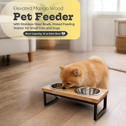 Elevated Dog Bowls, 4” Small Dogs & Cats Raised Bowl Mango Wood Stand, Food & Water 2 Stainless Steel Dishes Each 16oz/2Cup Capacity, Non-Slip Pet Feeder Station in Brown for Toy Breeds