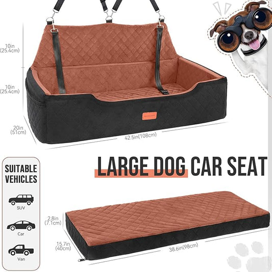 HEGGCOOE Large Dog Car Seat Under 100 lbs, Washable Dog Car Bed for 2 Medium Dogs, Detachable Pet Booster Seat with Storage Pocket and Seat Belt for Back Seat Dog Travel Bed