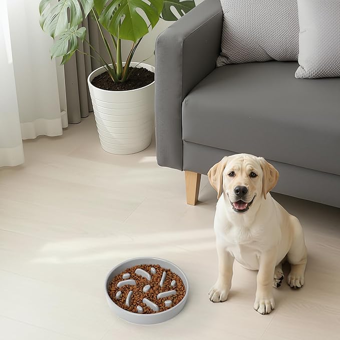 Ceramic Slow Feeder Dog Bowl, 8.3 inch Dog Food Bowls for Small, Medium, and Large Breed, Anti-Slip Puzzle Food Dish to Slow Down Eating (Grey, 8.3 in)