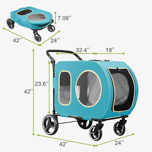 2025 Upgraded Dog Stroller for Large & Medium Dogs,Pet Stroller for 2 Small Dogs, Foldable Jogger Wagon with Detachable Carrier for Car Seat, Adjustable Handle, Up to 90 lbs, Blue