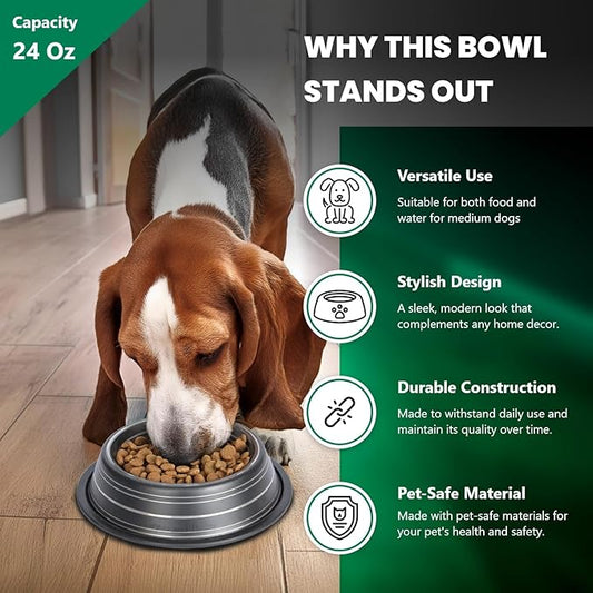 Iconic Pet 3 Cup/24 Oz Elegant Stainless Steel Color Splash Food/Water Bowl with Non Skid, Noise Free, Removable Rubber Ring - Dog/ Cat Feeding Bowl In color shade, Dishwasher Safe - Black, 2 Bowls