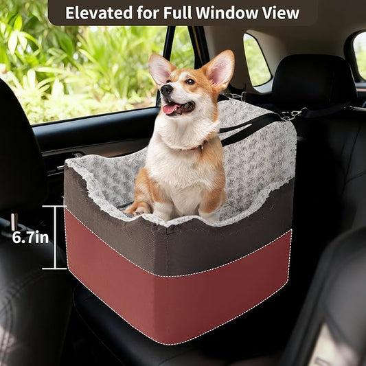 Dog Car Seat for Small Medium Dogs - 6.7inch Elevated Dog Booster Car Seats wih Soft Rose Velvet, Washable Travel Pet Carseat with 2 Safety Leashes and Storage Pockets(Grey/Black Coffee)