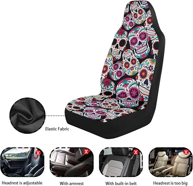 Dreaweet Sugar Skull Design Seat Covers for Cars Halloween Car Accessories Interior 2 Piece Easy Installation Elastic Front Car Seat Cover Washable Universal Fit SUV Sedan Trucks