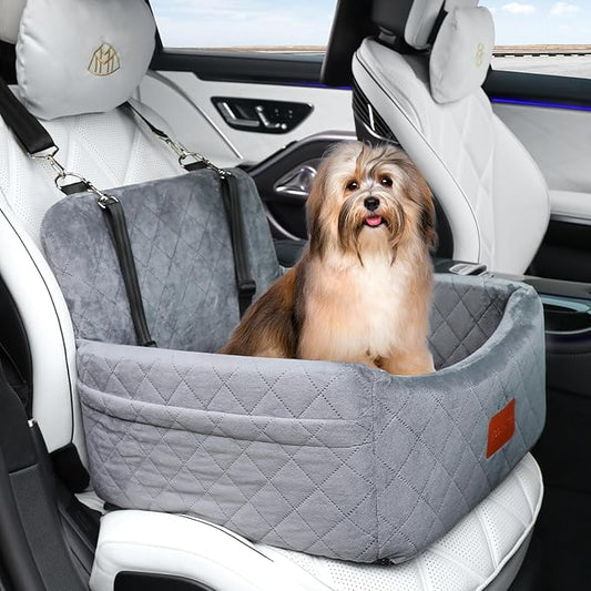 WOOAIDAGG Dog Car Seat for Small Dogs Under 30lbs,Comfy & Safe Travel Bed with Washable Cover,2 Clip-On Safety Leashes and Pockets,Anti-Slip Base,Easy to Install(Grey)