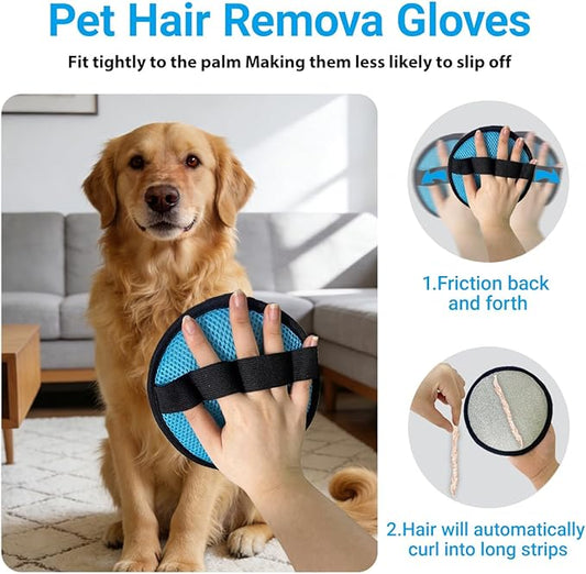 4Pack Pet Hair Removal Glove for Cats and Dogs, Four-Finger Circular Design with Soft Lining and Hanging Loop, Reusable Pet Grooming Gloves for Clothing, Carpet, Car Seats (Blue)