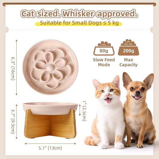 Elevated Slow Feeder Cat Bowl - Melamine Cat Dish with Anti-Slip Bamboo Stand - Whisker Friendly Feeding Bowl - Floral Maze Food Plate for Slow Eating - Pink