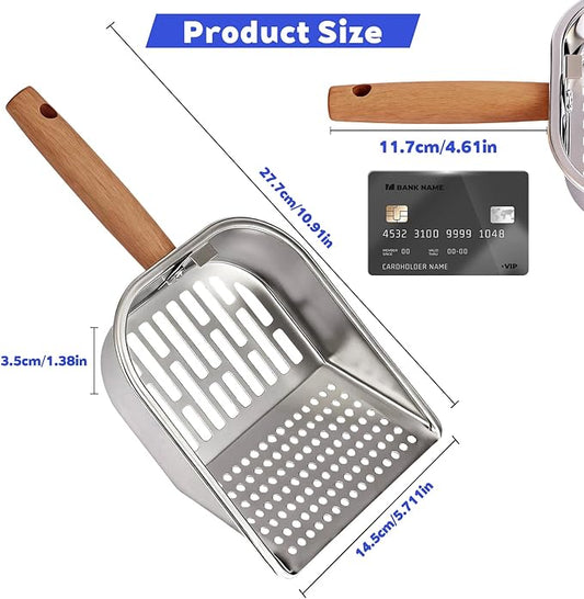 Litter Scooper, Metal Litter Scoop, Pooper Scooper with Wooden Handle, Cat Litter Scoop, Metal Scooper & Speed Sifter Deep Shovel Scoop Filter for Litter Box (Easy Assembly)