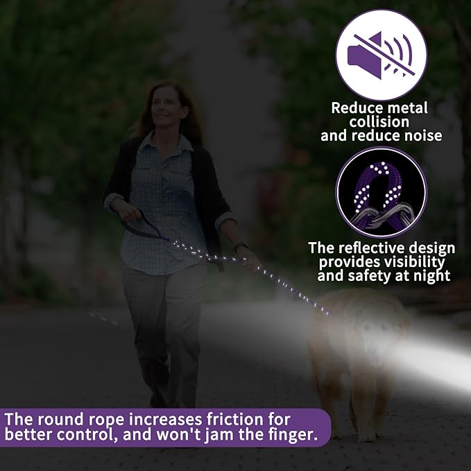 HOMIMP Heavy Duty Dog Leash - Chew Proof 4 FT, Reflective, Metal Training Leash with Soft Padded Handle, Strong Rope for Night Walking, Purple