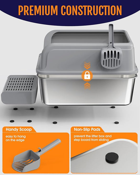 Cat Litter Box - Stainless Steel Litter Box with Scatter-Proof Elevated Step Board for Kitty Use, Robust & Non-Sticky Metal Cat Box with Scoop, Grey