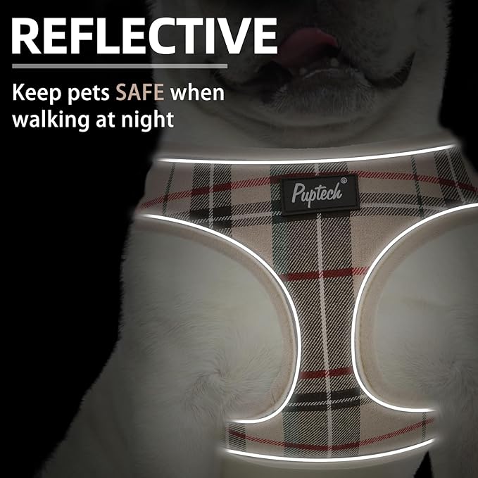 PUPTECK Soft Mesh Dog Harness Small Sized and Leash Set Pet Puppy Cat Comfort Padded Vest No Pull Harnesses, Beige Plaid, Openable Neck, New S