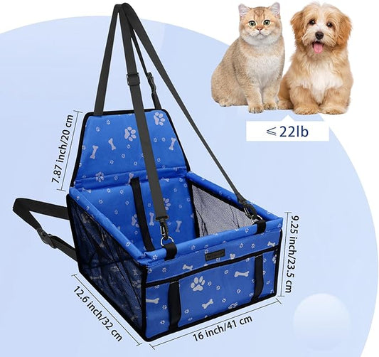 PetsHome Dog Car Seat Foldable Dog Car Booster Seat Waterproof Breathable Oxford Travel Bag for Small to Medium Dogs, Puppies, and Pets-Pattern Blue