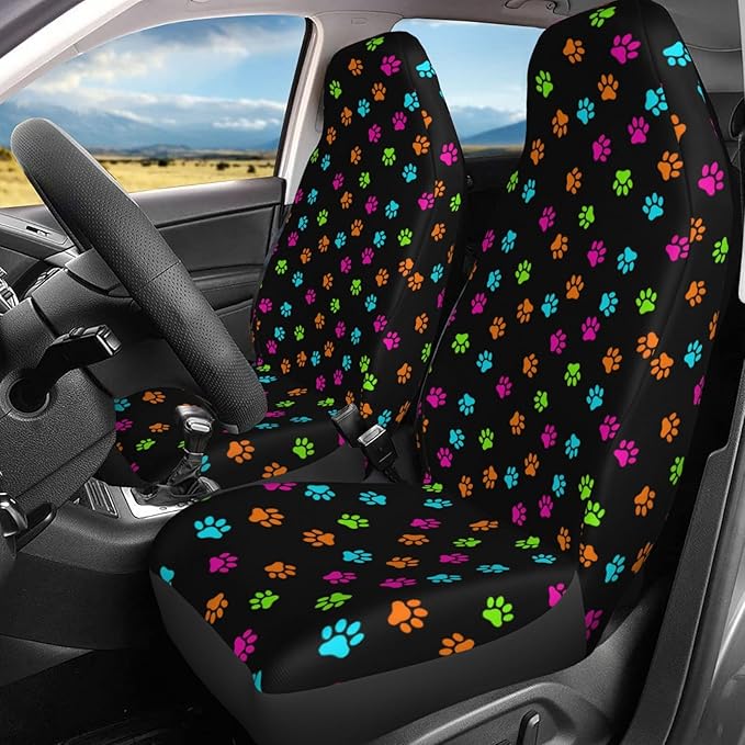 Foruidea Colorful Dog Cat Paw Print Car Seat Covers Universal 2 Pcs Auto Front Seat Cover Fit Most Cars,SUV,Sedan,Trucks