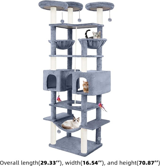 71in Multifunctional Multi-Level Cat Tree Tower for Indoor Cats,Cat Tree with Hammock,2 Condos,2 Hanging Baskets,2 Feather Toys,3 Perches,5 Hanging Balls,7 Scratching Posts,Grey