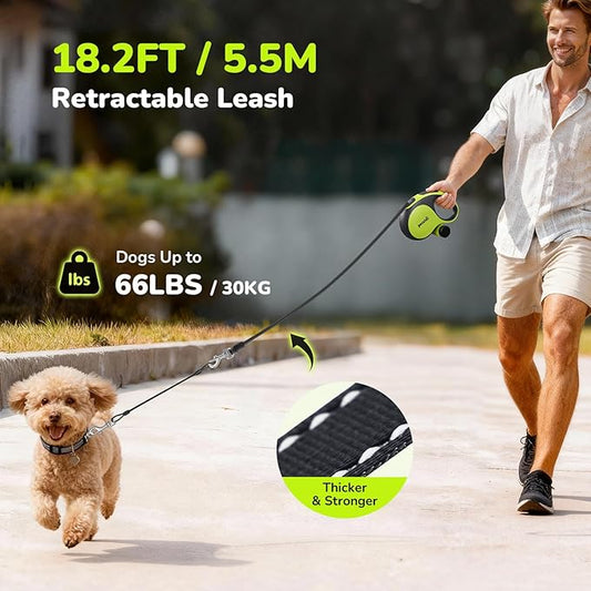 Pecute Retractable Dog Leash with Chew Proof Cable - 18,2 ft Heavy Duty Retractable Pet Leash with Dispenser and Poop Bags, Anti-Slip Handle, Reflective Leashes for Small Medium Dog Up to 66 lbs