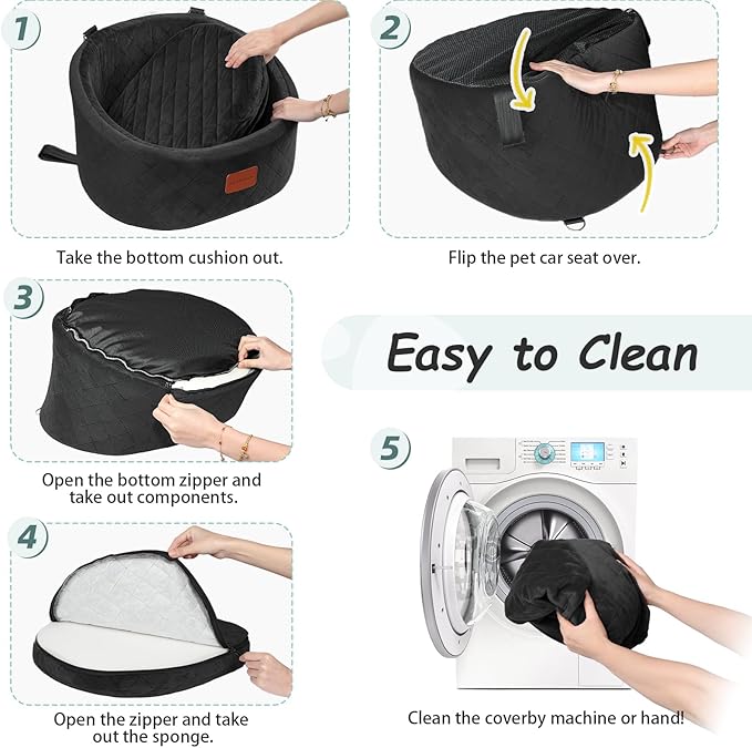 Lealchum Dog Car Seat for Small Dogs Up to 30 Lbs,Ultra Soft Fabric Fill in Comfy Memory Foam,Happy Pet Ride,2 Safety Dog Leashes,Fully Detachable and Washable,Anti Slip Base(Black)