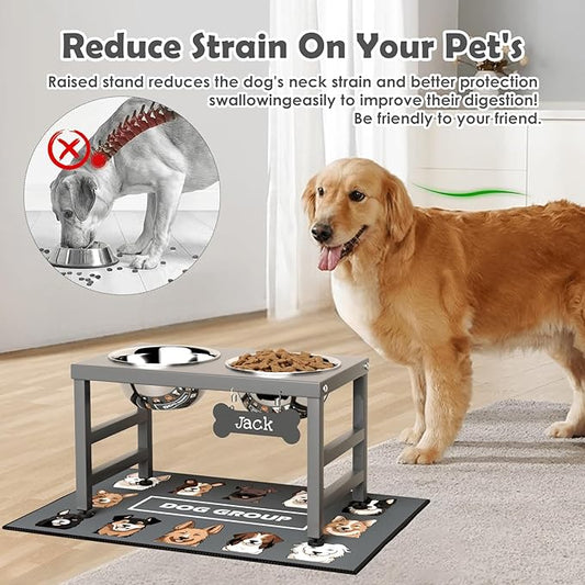 Elevated Dog Bowls, 10" Tall Height, Raised Bowl Stand with 2 Stainless Steel Food Feeder Bowls (58oz) and Spill-Proof Mat for Medium Large and Small Breeds, Grey
