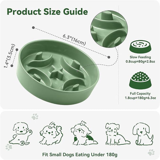 Ceramic Slow Feeder Dog Bowl - Feeding Dish for Fast Eaters - Maze Dog Bowl to Slow Down Eating - Ideal Food Control Dish for Small Breeds - 0.8 Cups (80g) - 6.3 Inch - Green