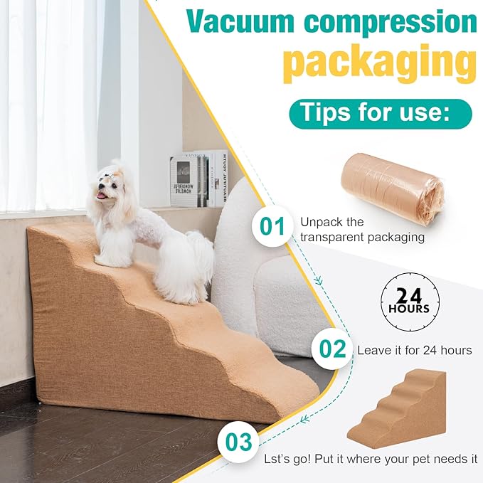 Uross Dog Stairs for Small Dogs-5 Steps Ramps for High Bed Couch, High Density Foam Pet Stairs for Dogs to Get on Bed, 5 Tiers Cat Doggy Steps Ramps for Joint Pain Dog(Brown)