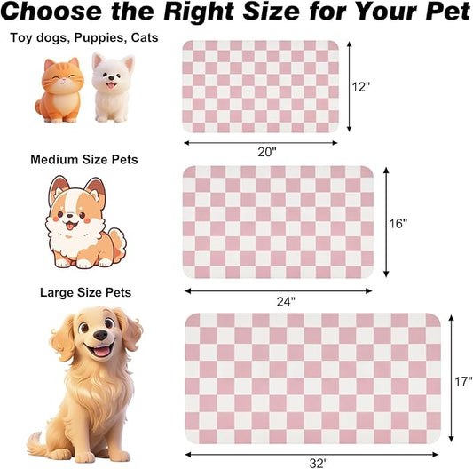 Checkered Dog Food Mat, Absorbent Leak-Proof Pet Feeding Mat, Quick Dry Cat Food Mat for Messy Drinkers 16" x 24" Pink