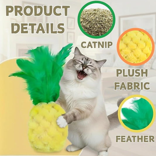 Pineapple Catnip Toys for Indoor Cats, Plush Feather Kicker Toy with Organic Catnip, Interactive Bunny Kick and Bat Toy for Kittens, Soft Curly Fabric