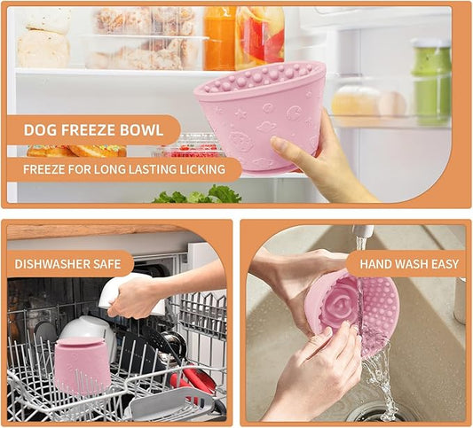 Dog Lick Bowl with Brush and Scraper, Anxiety Relief Silicone Slow Feeder Treat Dispenser, Anti-chocking Pet Dish, Non-Slip Interactive Entertainment Dog Puzzle Toy for Medium & Large-Pink