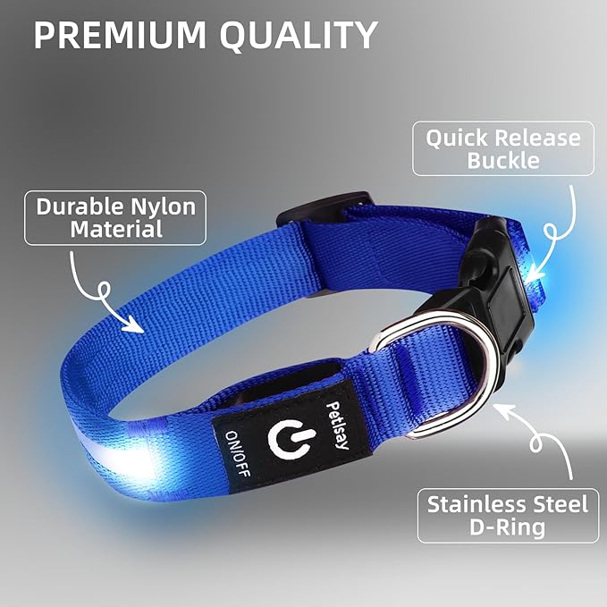 PetIsay Light Up Collar - High Visibility & Durable Nylon Material - USB C Rechargeable & Waterproof LED Dog Collar for Night Walking, Glow in The Dark Flashing (Blue, Medium)