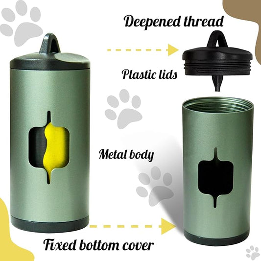Metal Dog Poop Bag Holder 2-Pack w/Leash Clip|Durable Scratch-Resistant Aluminum|30 Bags+6 Accessories(Dark Green)