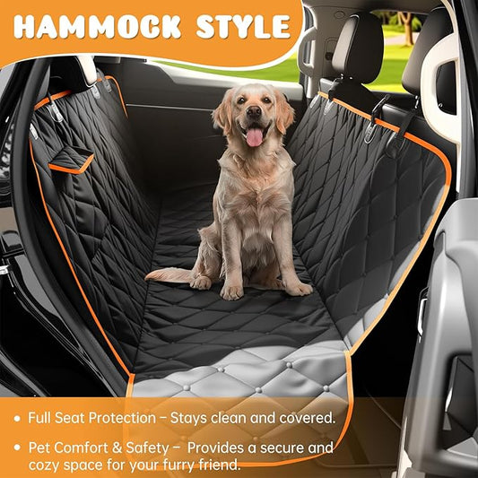 Dog Car Seat Cover for Back Seat 100% Waterproof, Long-Lasting and Soft Nonslip Backseat Cover for Cars, SUVs and Trucks, 600D Oxford Fabric, Black-Orange, Standard (54" W x 59" L)