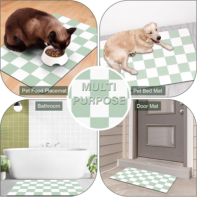 Pet Feeding Mat, 16"x 24" Absorbent Dog Food Mat, Checkered Cat Bowl Mats, Easy to Clean Pet Placemats, Quick Dry Dog Water Dispenser Mats for Messy Drinkers, Green & White